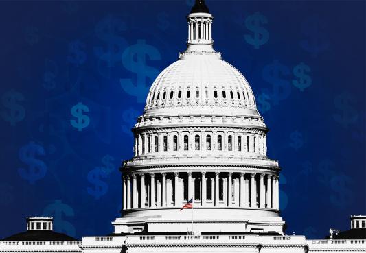 United States Capital building with textural money symbols in the background