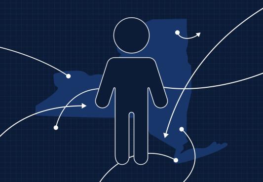illustration showing arrows pointing in and out of new york state with an icon of a person above it