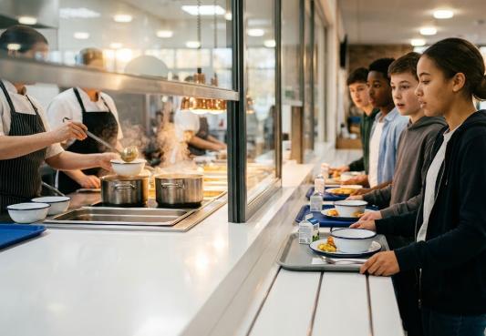 children standing in line to be served food in a school cafeteria