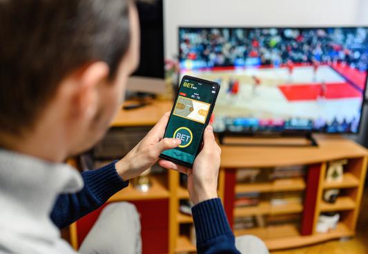 person using phone to place bet while watching television