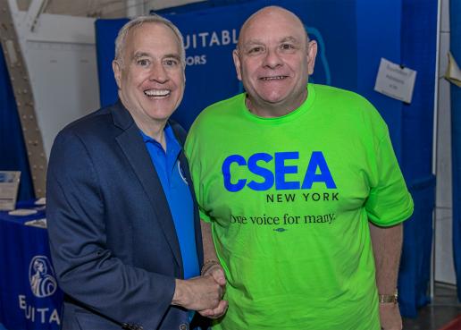 state comptroller dinapoli standing with ken greenleaf, president of csea region five at the new york state fair
