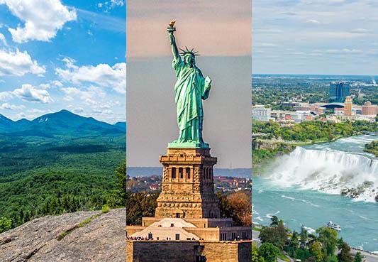 collage of three images showing new york states adirondack mountains, the statue of liberty, and niagara falls