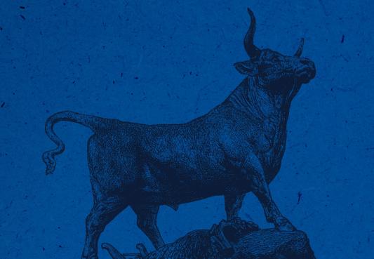 an engraved illustration of a bull statue