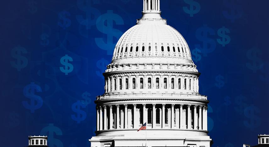 United States Capital building with textural money symbols in the background