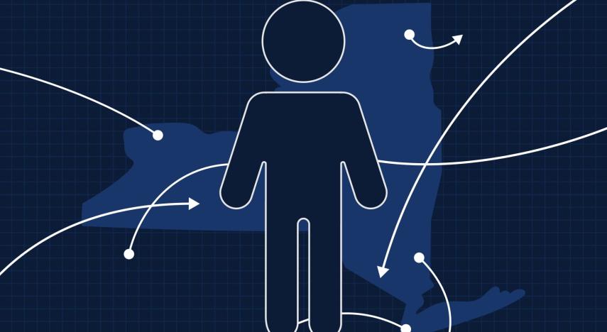 illustration showing arrows pointing in and out of new york state with an icon of a person above it