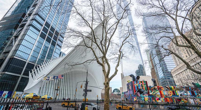 street view looking at the oculus building and freedom tower in lower manhattan