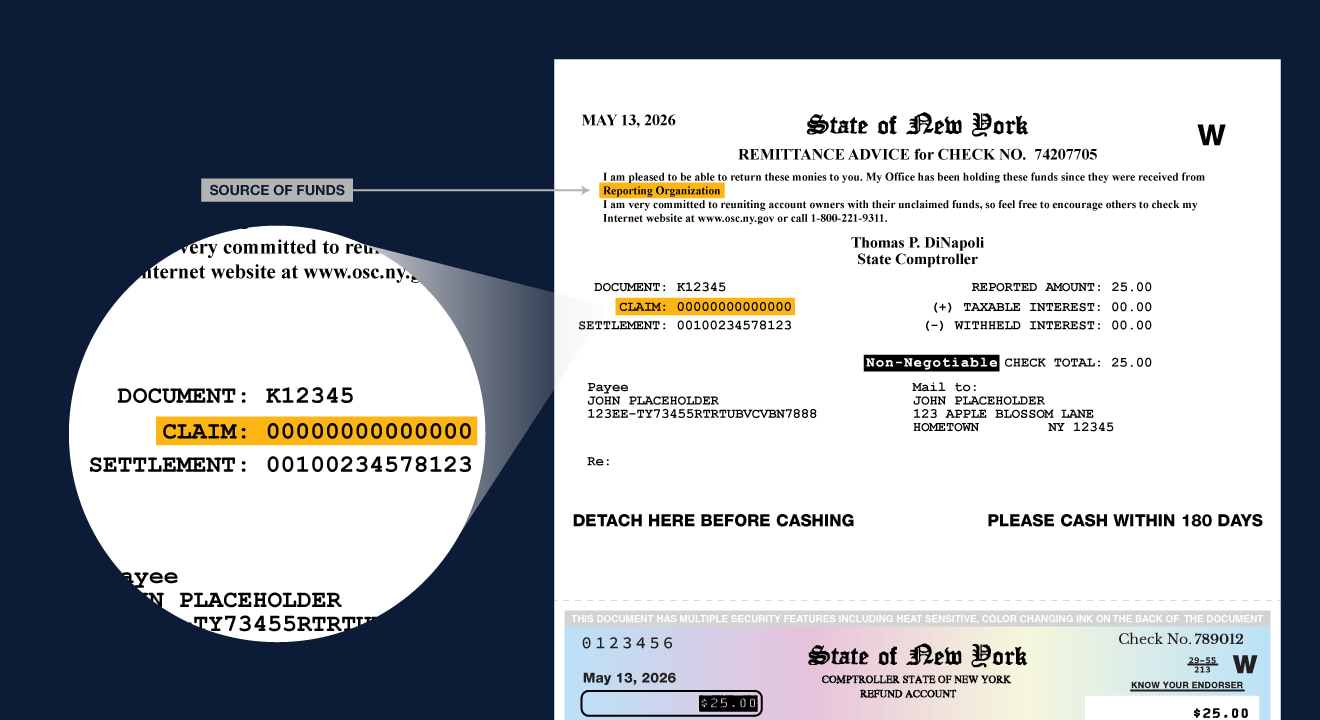 the remittance letter with the claim id and source of funds highlighted