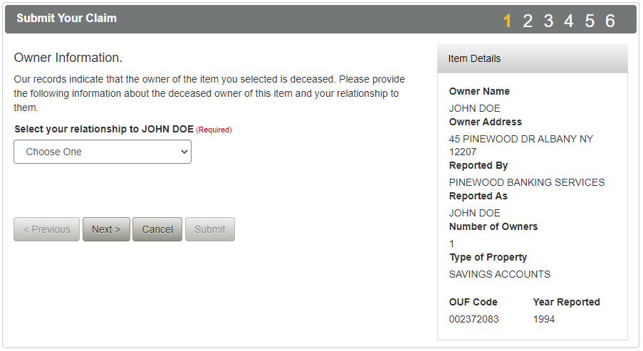 Screenshot of the first step in the claim process of the Unclaimed Funds application.