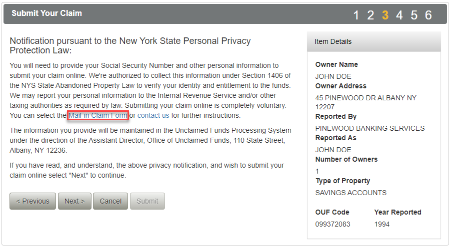 Screenshot of the third step in the claim process of the Unclaimed Funds application.