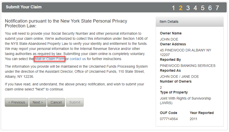 Screenshot of the second step in the claim process of the Unclaimed Funds application.