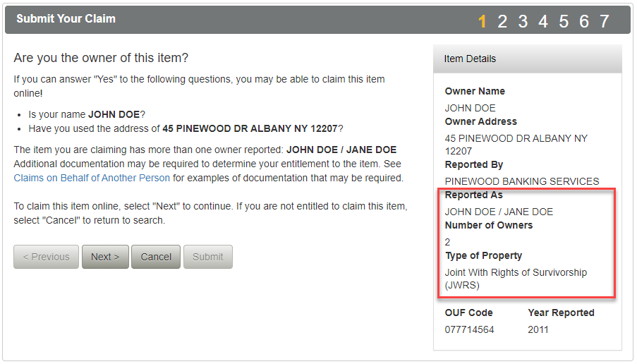 Screenshot of the first step in the claim process of the Unclaimed Funds application.