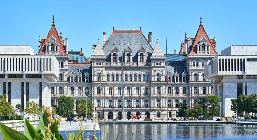 shimmering water in front of New York State Capitol
